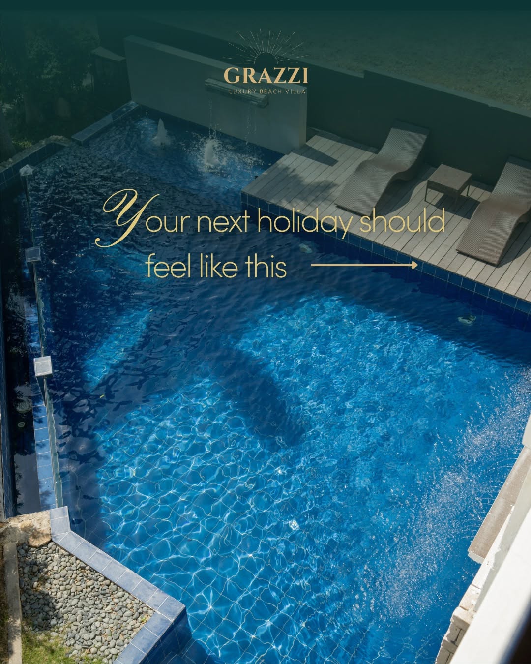 Aerial birdseye view of Villa Grazzi pool and sundeck